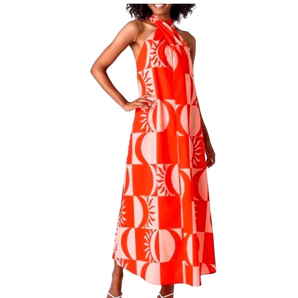 Crosby NWT SZ XS Cleo in the Always Sunny print‎ Halter Maxi Dress Orange Peach